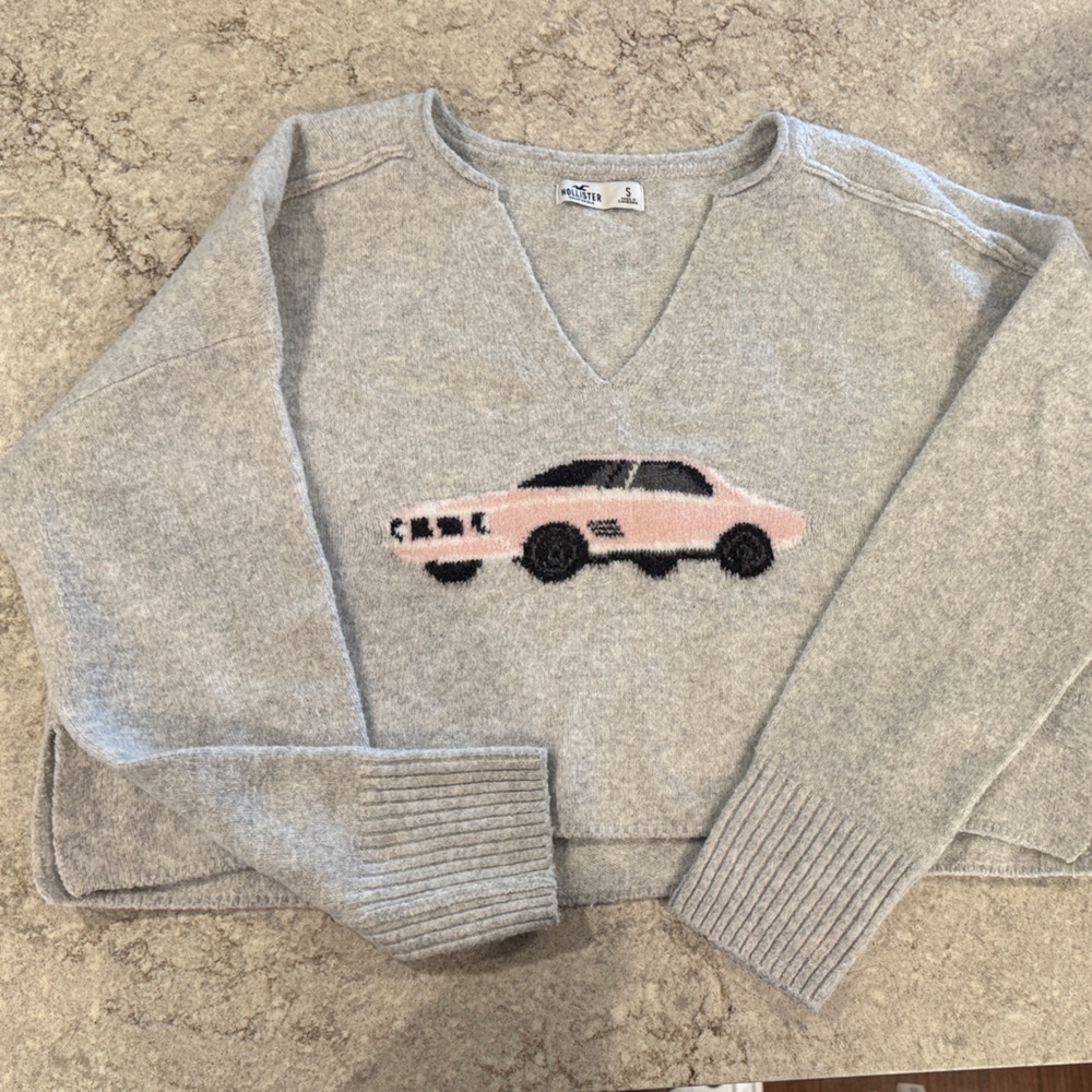 Hollister Gray V-Neck Sweater with Pink Car Design